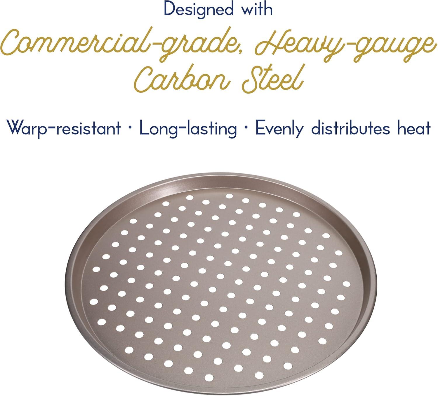 Ultra Cuisine Large Round Carbon Steel Perforated Pizza Pan with Holes, Nonstick, 13in, Champagne(Round – 12.7″ (Pack of 2))