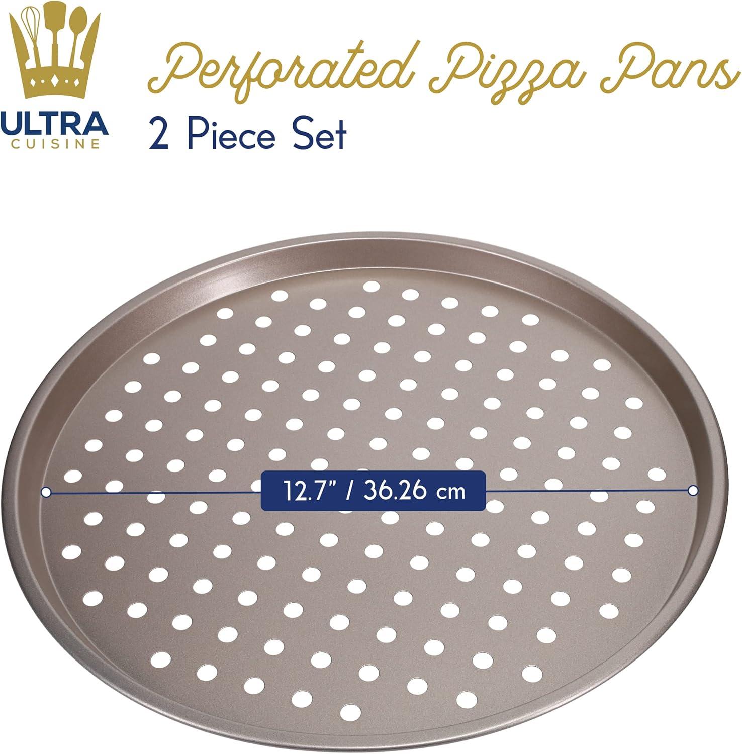 Ultra Cuisine Large Round Carbon Steel Perforated Pizza Pan with Holes, Nonstick, 13in, Champagne(Round – 12.7″)