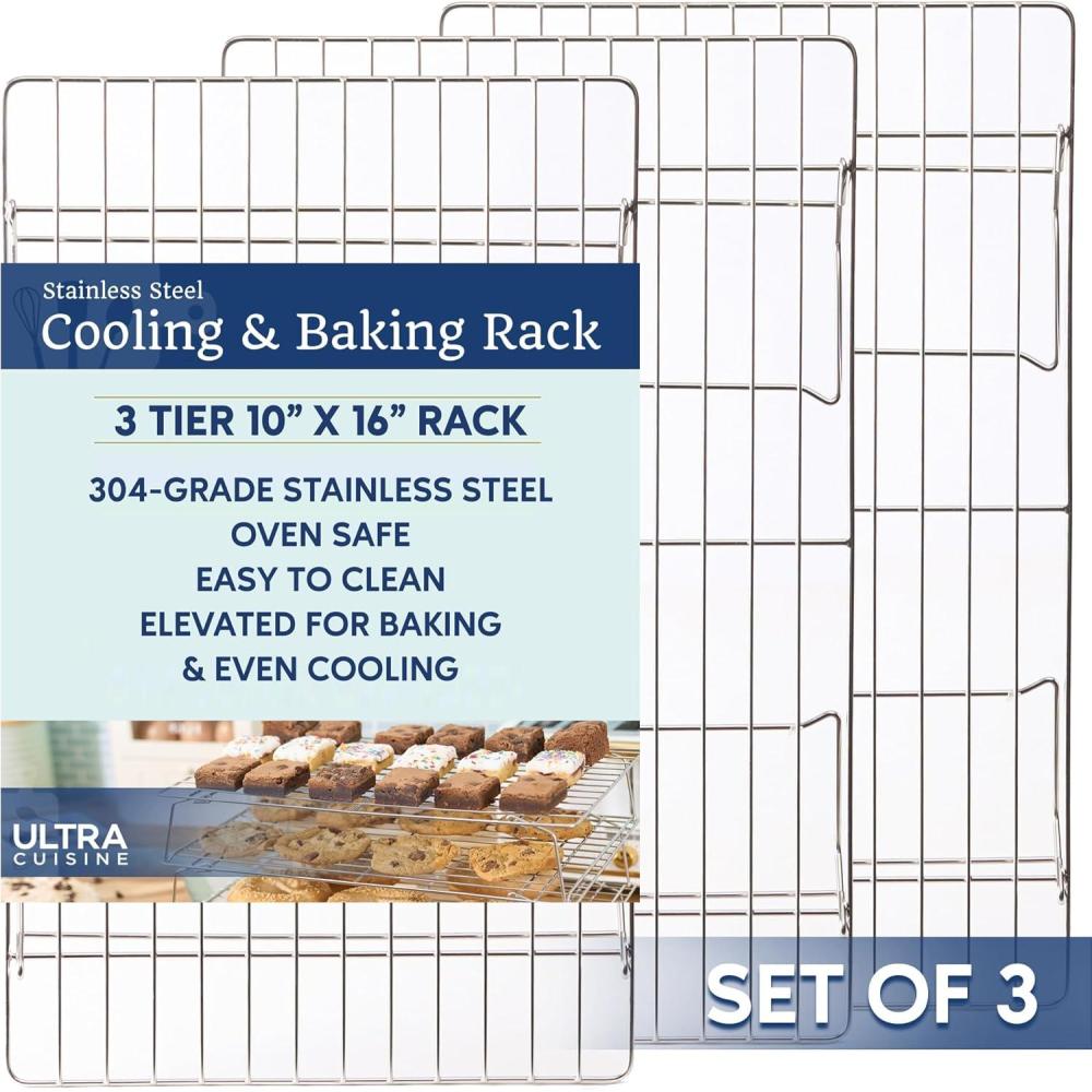 Ultra Cuisine Oven-Safe, Dishwasher-Safe 100% Stainless Steel Cooling & Baking Rack Set – Tight-Wire Bake for Oven Cooking – Heavy Duty – 8.5×12 – Set of 2 – Small Quarter Sheet Pan Cooling Racks(10″ x 16″ 3-Pack)