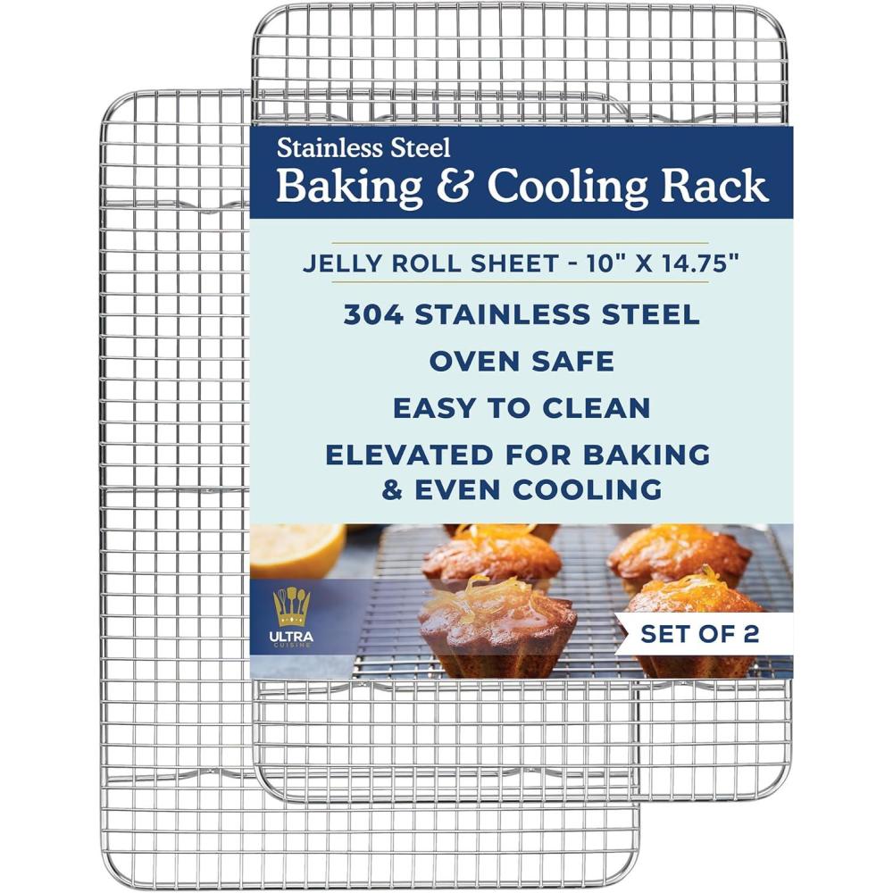 Ultra Cuisine Oven-Safe, Dishwasher-Safe 100% Stainless Steel Cooling & Baking Rack Set – Tight-Wire Bake for Oven Cooking – Heavy Duty – 8.5×12 – Set of 2 – Small Quarter Sheet Pan Cooling Racks(10.0″ x 14.75″ 2-Pack)