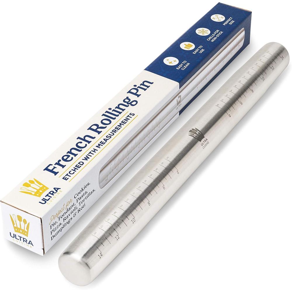 Ultra Cuisine French Rolling Pin for Baking – Use with Pizza, Cookie, and Pastry Dough, Fondant and Pie Crust – Tapered Design Bread Roller Pin, Stainless Steel 15.75-inch Large Roller Pin(Stainless Steel with Measurements)
