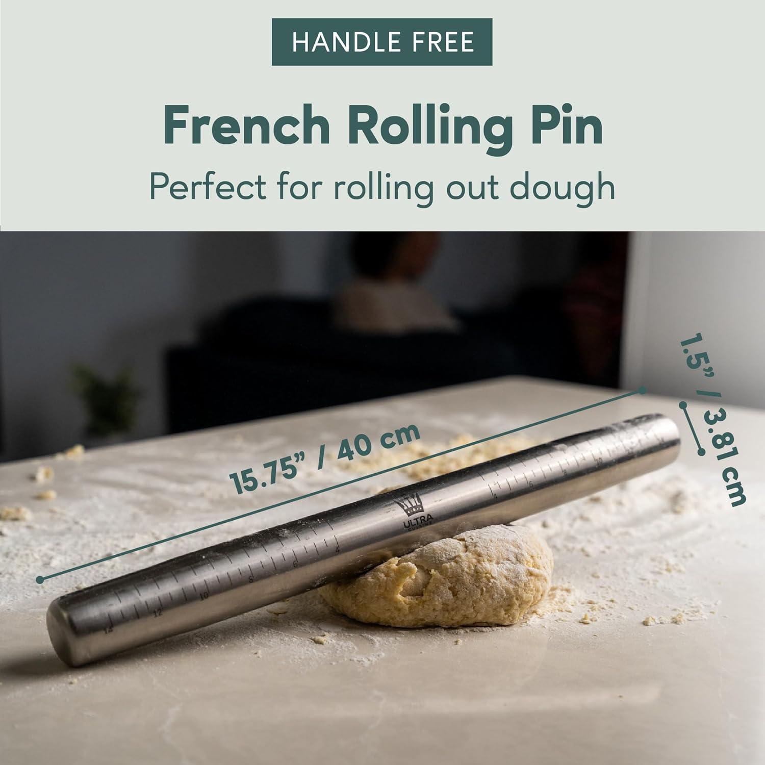 Ultra Cuisine French Rolling Pin for Baking – Use with Pizza, Cookie, and Pastry Dough, Fondant and Pie Crust – Tapered Design Bread Roller Pin, Stainless Steel 15.75-inch Large Roller Pin(Stainless Steel with Measurements)