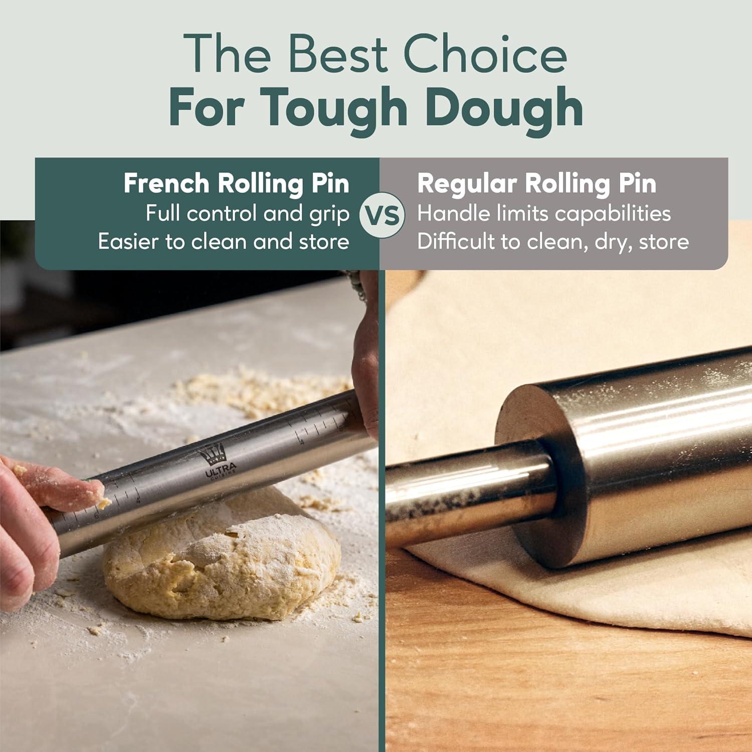 Ultra Cuisine French Rolling Pin for Baking – Use with Pizza, Cookie, and Pastry Dough, Fondant and Pie Crust – Tapered Design Bread Roller Pin, Stainless Steel 15.75-inch Large Roller Pin(Stainless Steel with Measurements)
