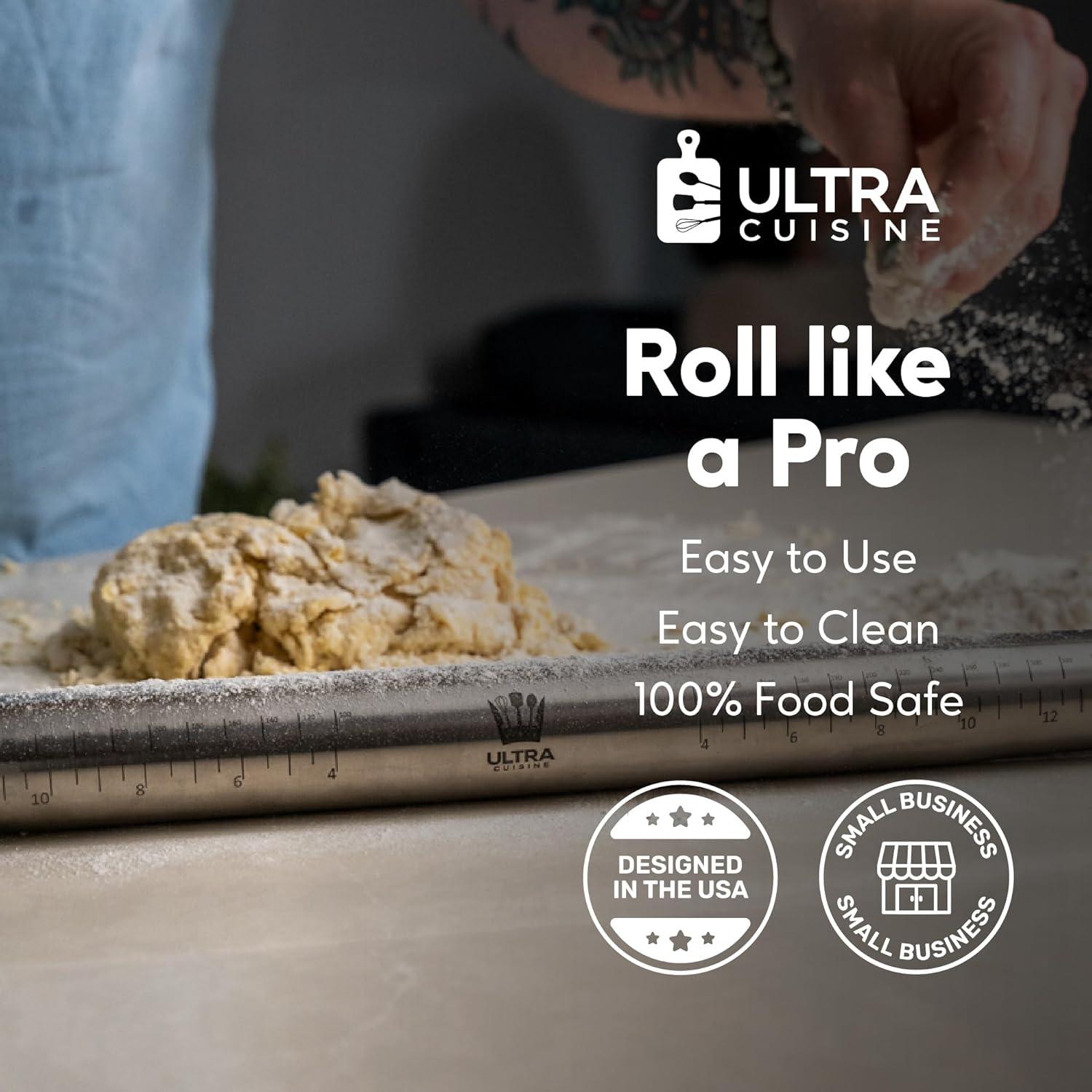 Ultra Cuisine French Rolling Pin for Baking – Use with Pizza, Cookie, and Pastry Dough, Fondant and Pie Crust – Tapered Design Bread Roller Pin, Stainless Steel 15.75-inch Large Roller Pin(Stainless Steel with Measurements)