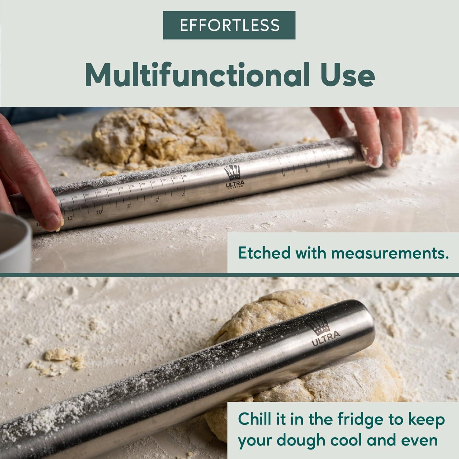 Ultra Cuisine French Rolling Pin for Baking – Use with Pizza, Cookie, and Pastry Dough, Fondant and Pie Crust – Tapered Design Bread Roller Pin, Stainless Steel 15.75-inch Large Roller Pin(Stainless Steel with Measurements)