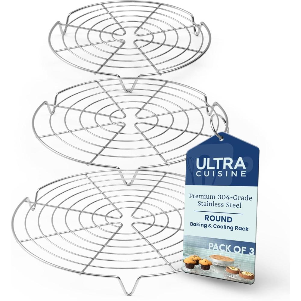 Ultra Cuisine Oven-Safe, Dishwasher-Safe 100% Stainless Steel Cooling & Baking Rack Set – Tight-Wire Bake for Oven Cooking – Heavy Duty – 8.5×12 – Set of 2 – Small Quarter Sheet Pan Cooling Racks(Round Rack 3-Pack)