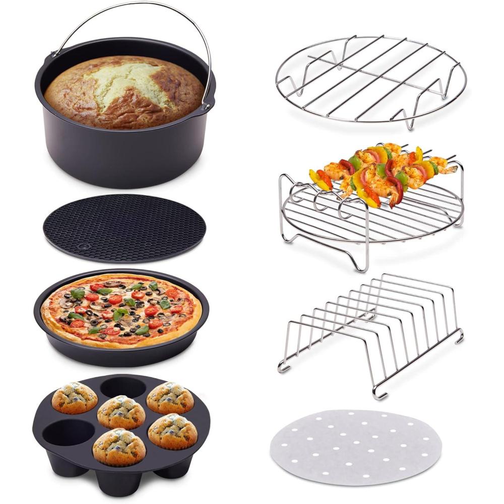 Ultra Cuisine Air Fryer Accessories, Set of 8 – Fits 3.2QT – 5.8QT Deep Fryer – 8 Inch Cake Pan, Pizza Pan, Silicone Mat, Multi-Purpose Rack, Metal Stand – BPA Free, Dishwasher Safe, Easy to Clean