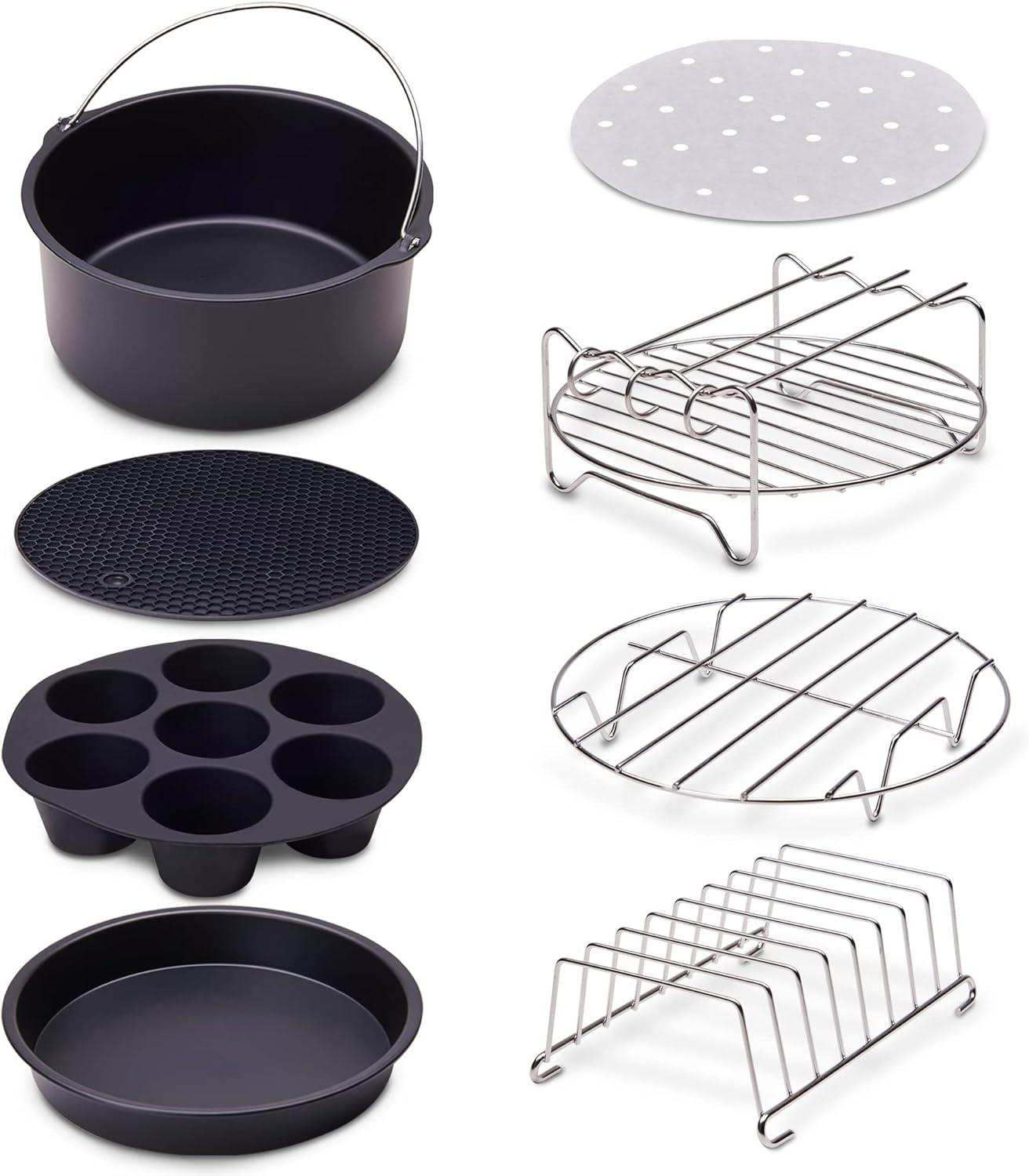 Ultra Cuisine Air Fryer Accessories, Set of 8 – Fits 3.2QT – 5.8QT Deep Fryer – 8 Inch Cake Pan, Pizza Pan, Silicone Mat, Multi-Purpose Rack, Metal Stand – BPA Free, Dishwasher Safe, Easy to Clean
