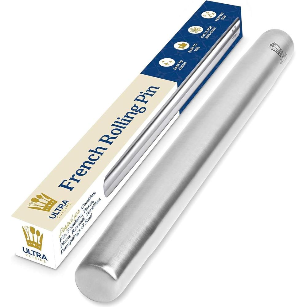 Ultra Cuisine French Rolling Pin for Baking – Use with Pizza, Cookie, and Pastry Dough, Fondant and Pie Crust – Tapered Design Bread Roller Pin, Stainless Steel 15.75-inch Large Roller Pin(Stainless Steel Classic)