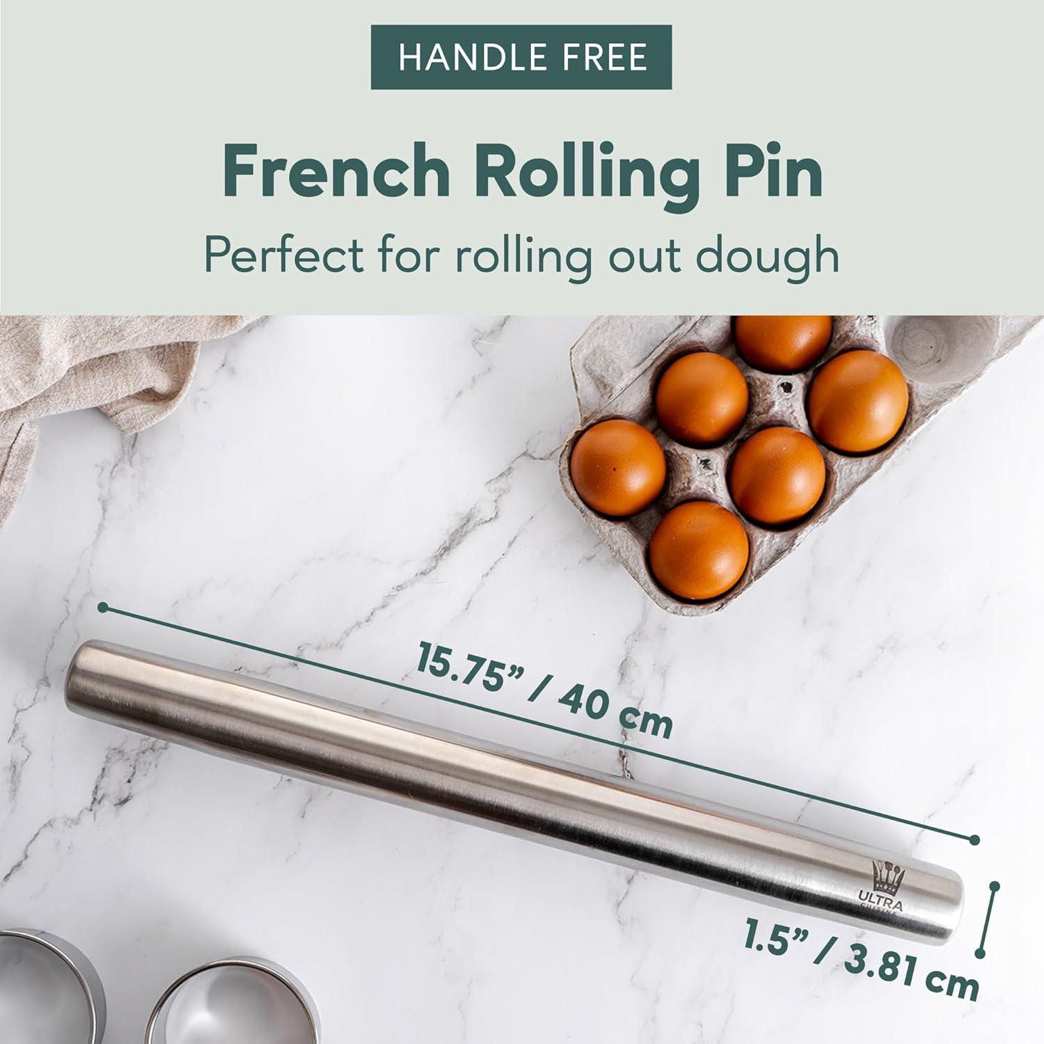 Ultra Cuisine French Rolling Pin for Baking – Use with Pizza, Cookie, and Pastry Dough, Fondant and Pie Crust – Tapered Design Bread Roller Pin, Stainless Steel 15.75-inch Large Roller Pin(Stainless Steel Classic)