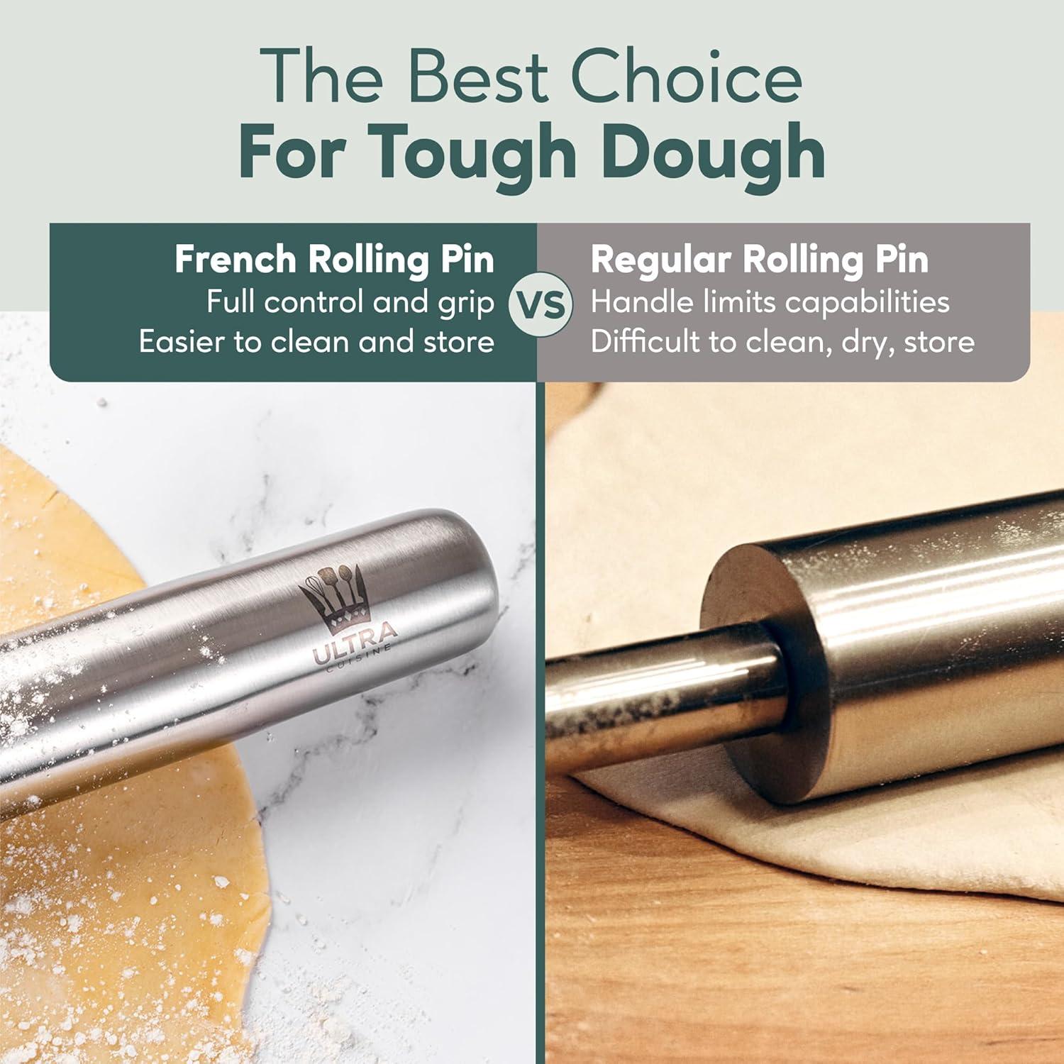 Ultra Cuisine French Rolling Pin for Baking – Use with Pizza, Cookie, and Pastry Dough, Fondant and Pie Crust – Tapered Design Bread Roller Pin, Stainless Steel 15.75-inch Large Roller Pin(Stainless Steel Classic)