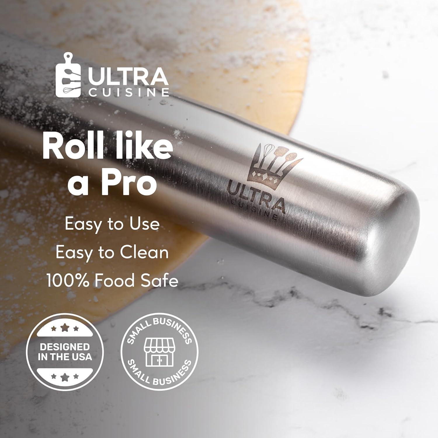 Ultra Cuisine French Rolling Pin for Baking – Use with Pizza, Cookie, and Pastry Dough, Fondant and Pie Crust – Tapered Design Bread Roller Pin, Stainless Steel 15.75-inch Large Roller Pin(Stainless Steel Classic)