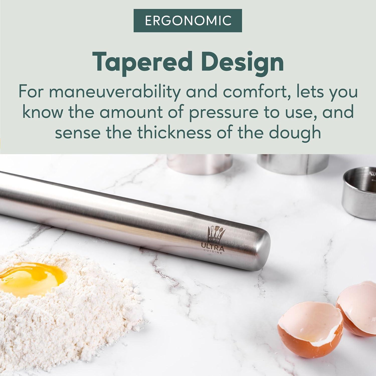 Ultra Cuisine French Rolling Pin for Baking – Use with Pizza, Cookie, and Pastry Dough, Fondant and Pie Crust – Tapered Design Bread Roller Pin, Stainless Steel 15.75-inch Large Roller Pin(Stainless Steel Classic)