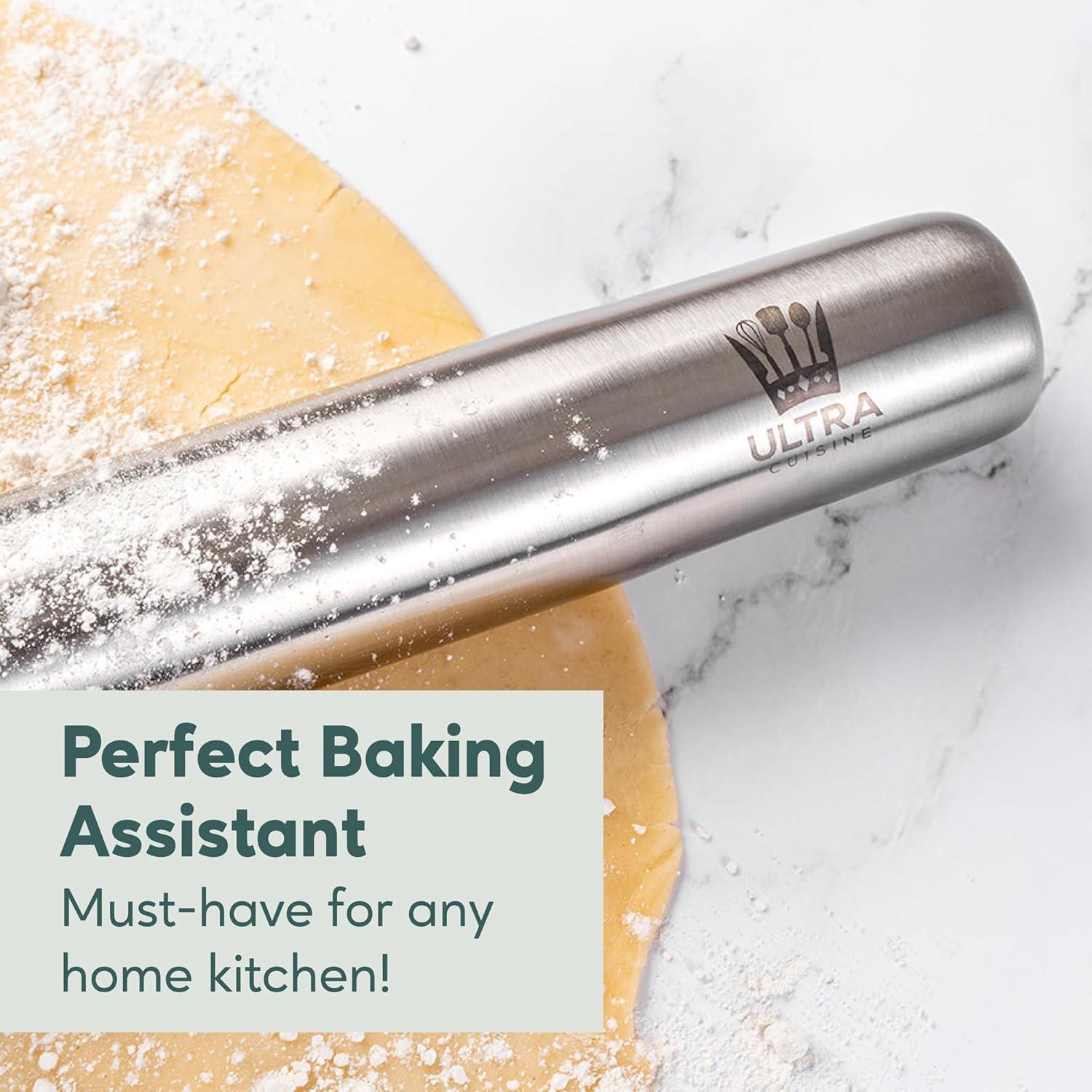 Ultra Cuisine French Rolling Pin for Baking – Use with Pizza, Cookie, and Pastry Dough, Fondant and Pie Crust – Tapered Design Bread Roller Pin, Stainless Steel 15.75-inch Large Roller Pin(Stainless Steel Classic)