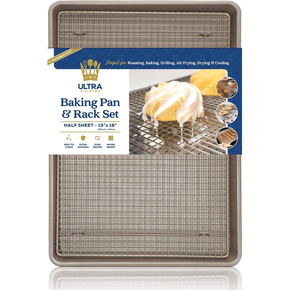 Ultra Cuisine Aluminum Baking Sheet with Stainless Steel Cooling Rack Set -Half Sheet Size Pan 13 x 18 inch, Durable Rimmed Sides, Easy Clean, Commercial Quality for Cooking and Roasting(Half Sheet (Standard))