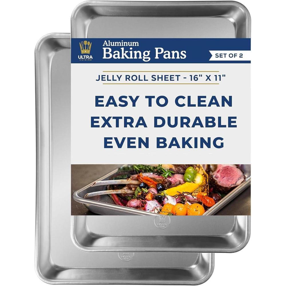 Ultra Cuisine Jelly Roll Baking Sheet Pan Set of 2- Professional Bakeware for Roasting & More – Food-Safe, Warp Resistant, Bake Trays for Oven – Rimmed Cookie Sheets for Baking (Aluminum 16 x11″)(Jelly Roll)