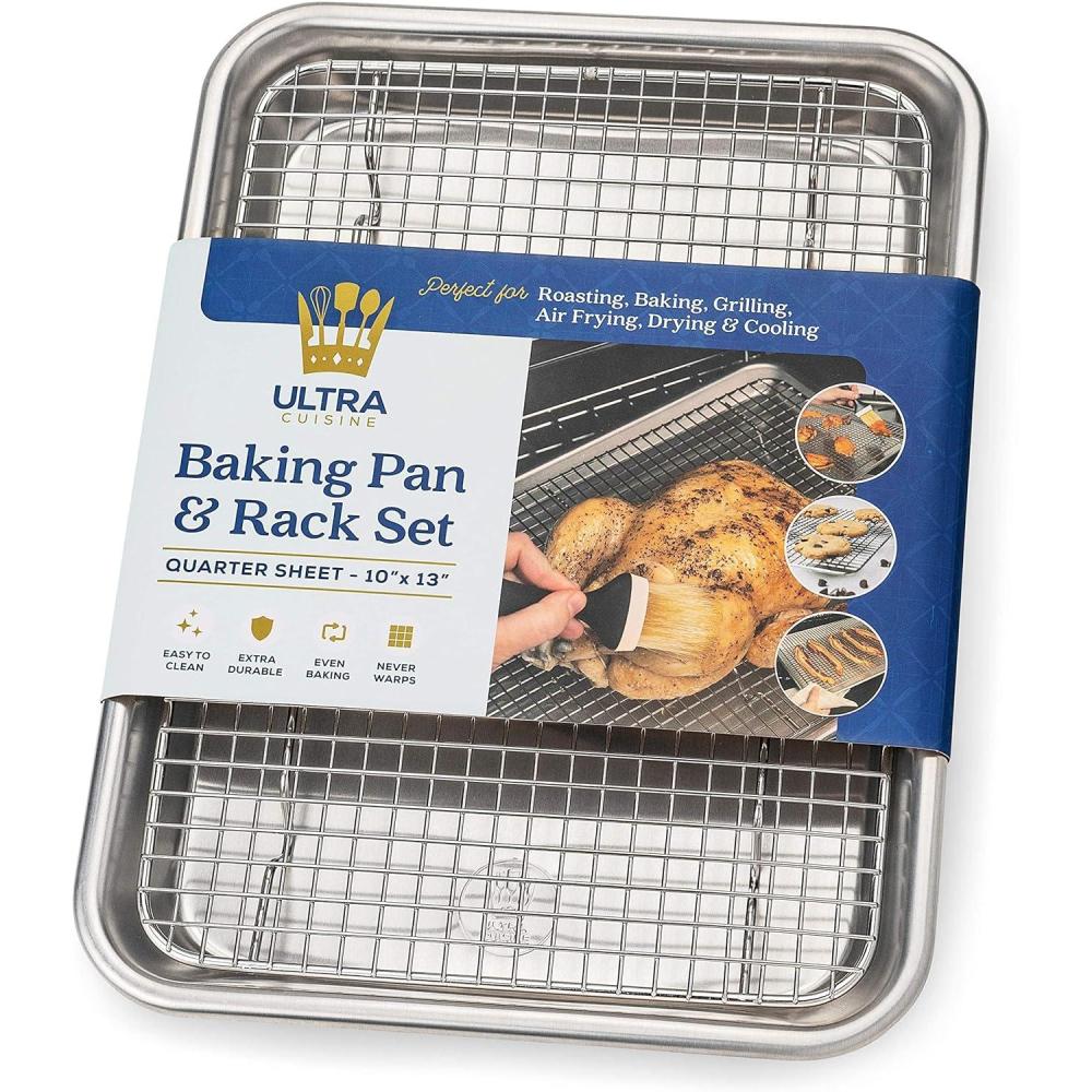 Ultra Cuisine Aluminum Baking Sheet with Stainless Steel Cooling Rack Set -Half Sheet Size Pan 13 x 18 inch, Durable Rimmed Sides, Easy Clean, Commercial Quality for Cooking and Roasting(Quarter Sheet (Most Popular))