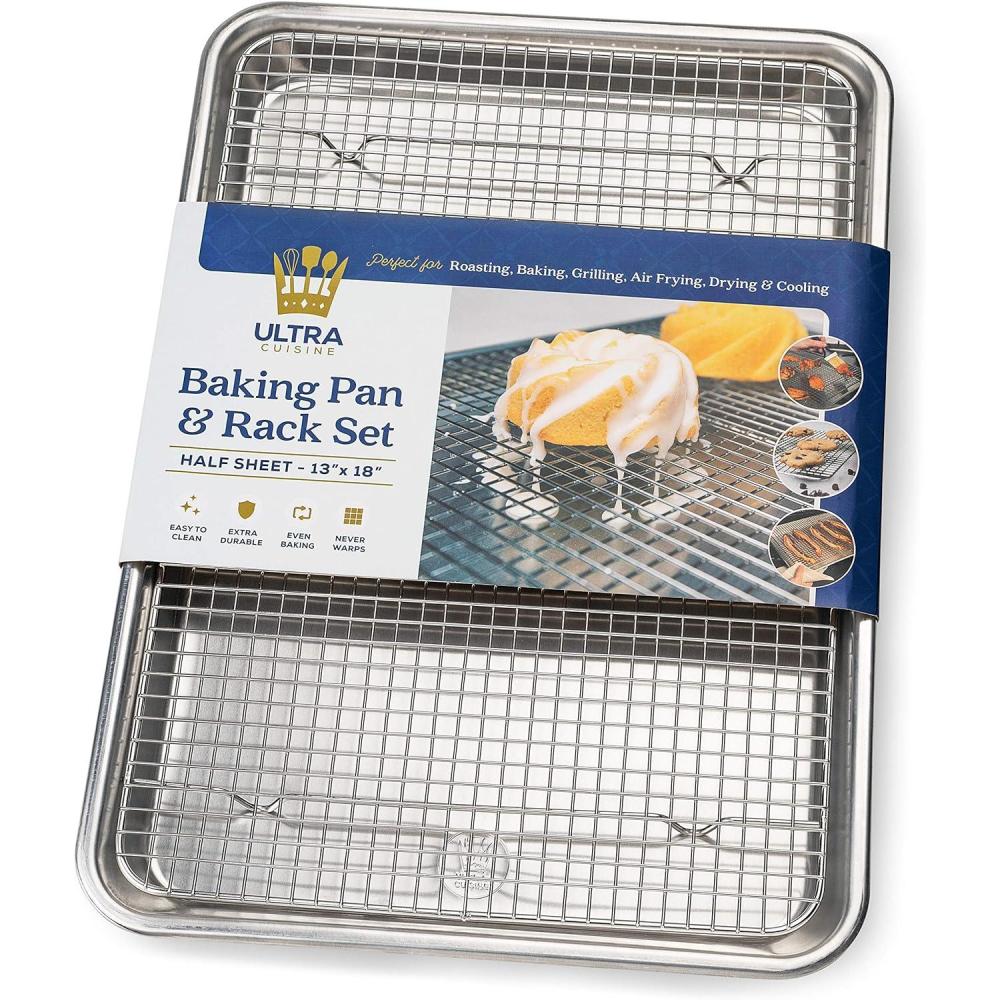 Ultra Cuisine Aluminum Baking Sheet with Stainless Steel Cooling Rack Set -Half Sheet Size Pan 13 x 18 inch, Durable Rimmed Sides, Easy Clean, Commercial Quality for Cooking and Roasting(Half Sheet (Value Pack))