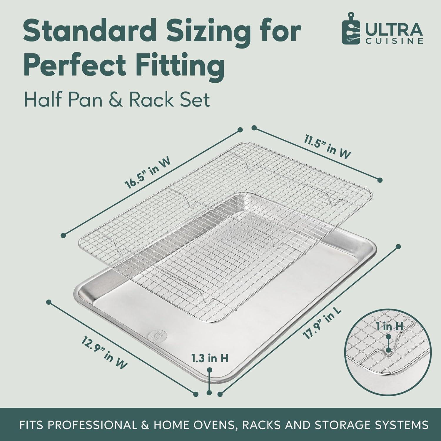 Ultra Cuisine Aluminum Baking Sheet with Stainless Steel Cooling Rack Set -Half Sheet Size Pan 13 x 18 inch, Durable Rimmed Sides, Easy Clean, Commercial Quality for Cooking and Roasting(Half Sheet (Value Pack))