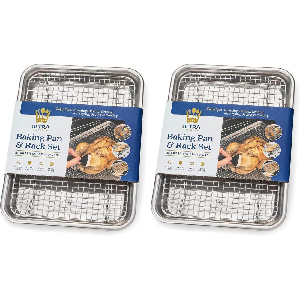 Ultra Cuisine Aluminum Baking Sheet with Stainless Steel Cooling Rack Set -Half Sheet Size Pan 13 x 18 inch, Durable Rimmed Sides, Easy Clean, Commercial Quality for Cooking and Roasting(Quarter Sheet (Most Popular) (Pack of 2))