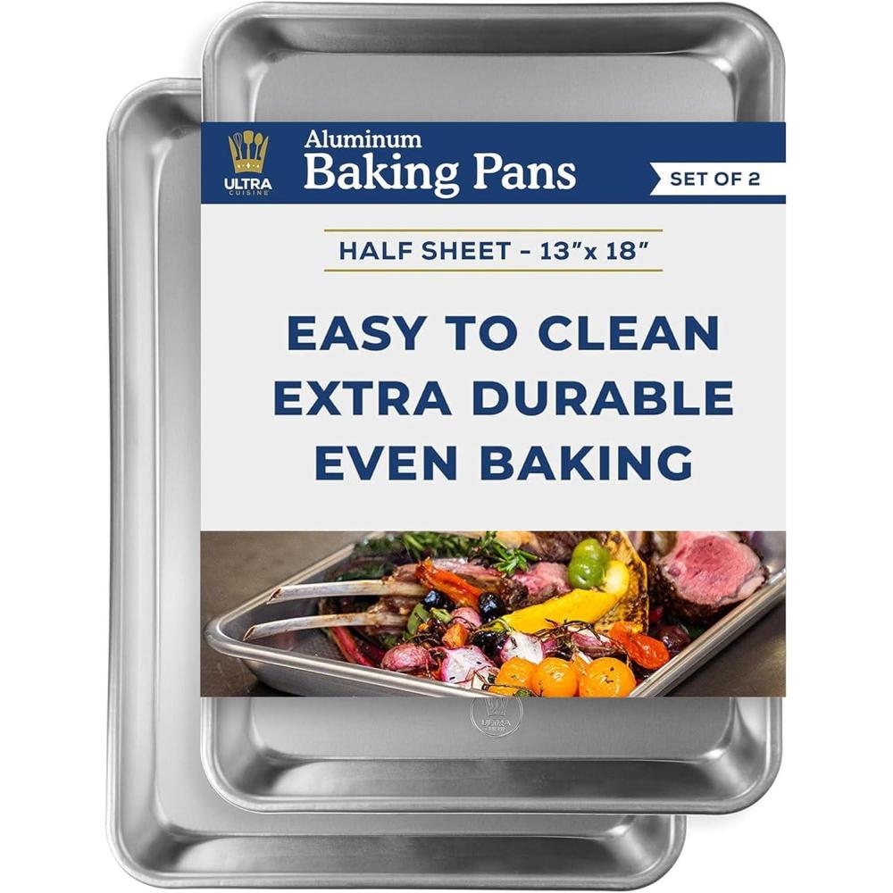 Ultra Cuisine Baking Sheet Pan Set of 2- Professional Bakeware for Roasting, Cooking & More – Food Safe, Warp Resistant, Bake Trays for Oven – Rimmed Half Cookie Sheets for Baking (Aluminum 18 x13″)(Half)