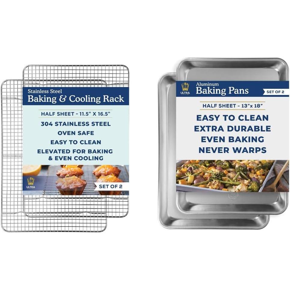 Ultra Cuisine Stainless Steel Cooling Rack & Aluminum Baking Pan Set – Professional Quality, Fits Half Sheet Pans – Cookie Sheet for Baking – 11.5″x16.5″ Rack, 18″x13″ Pan