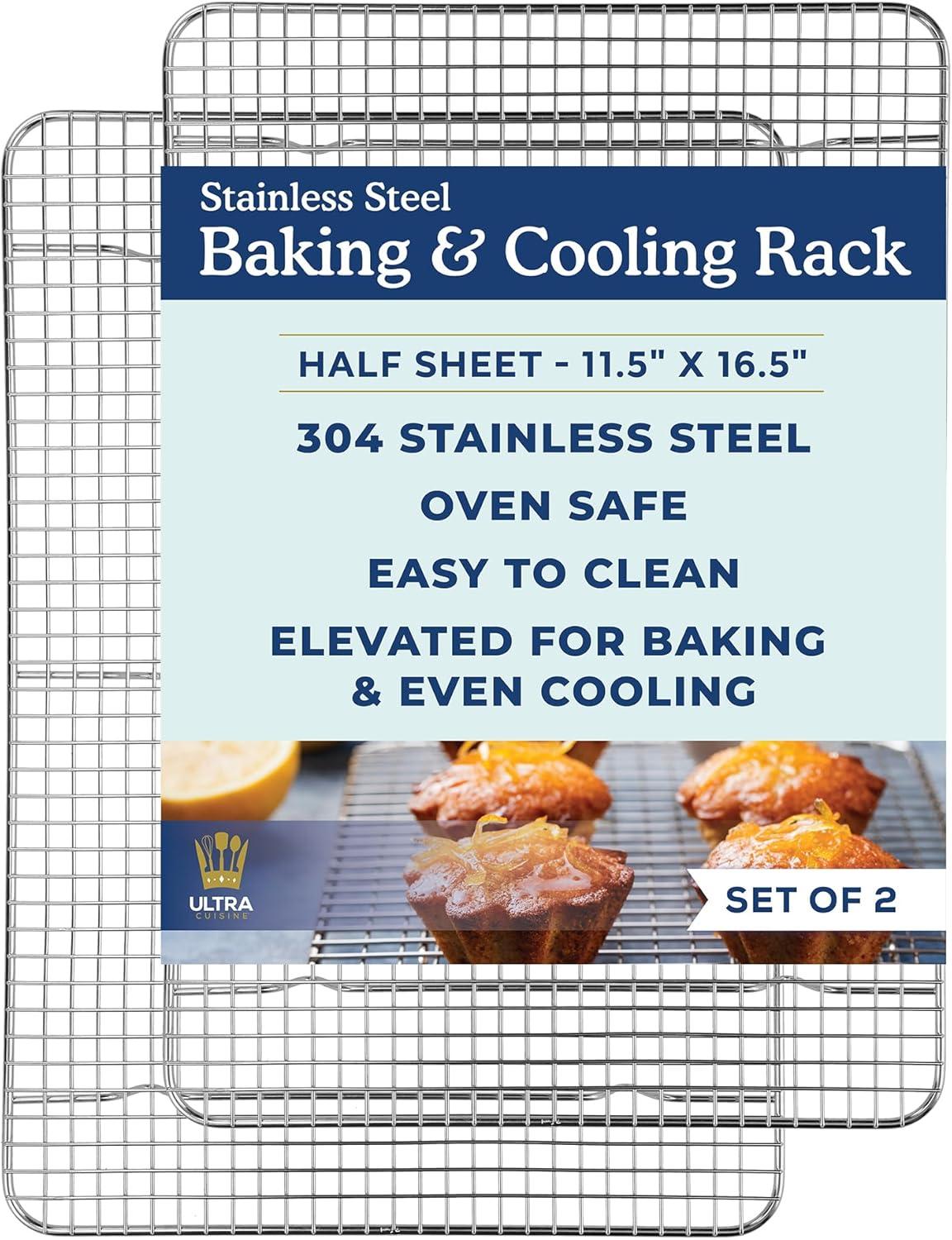 Ultra Cuisine Stainless Steel Cooling Rack & Aluminum Baking Pan Set – Professional Quality, Fits Half Sheet Pans – Cookie Sheet for Baking – 11.5″x16.5″ Rack, 18″x13″ Pan