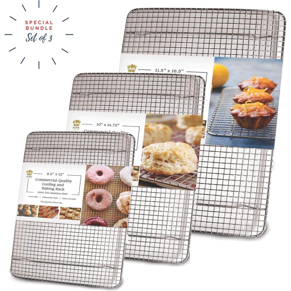 Stainless Steel Wire Cooling Rack for Baking – 3 Pack – 1 for Half Sheet Pans, 1 for Jelly Roll Pans, and 1 for Quarter Sheet Pans – Oven-safe, Heavy Duty Commercial Quality