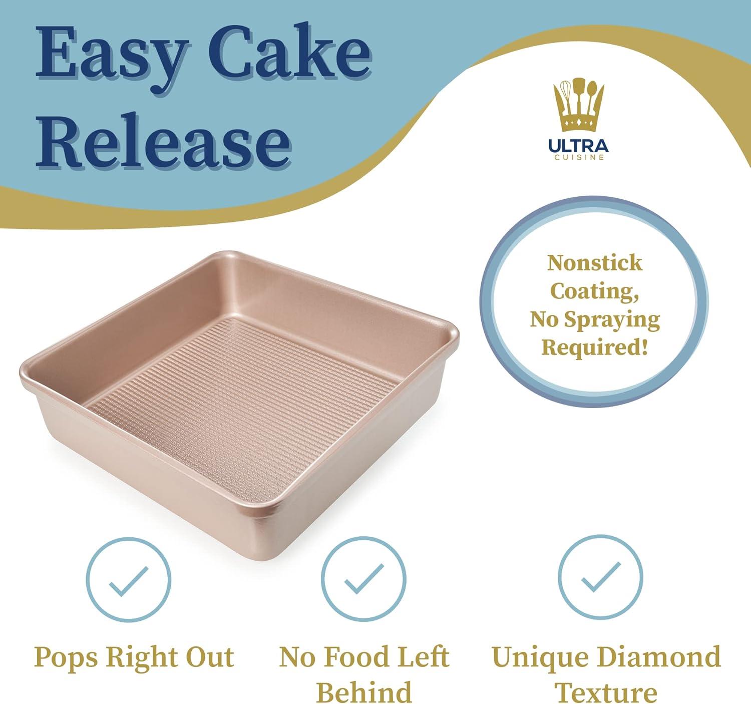 Ultra Cuisine Nonstick Square Cake Pan, Even Baking and Roasting, Easy to Clean, Durable Quality, Warp & Scratch Resistant Texture for Easy Release, Food-Safe, Size 8 x 8 inch(Champagne)
