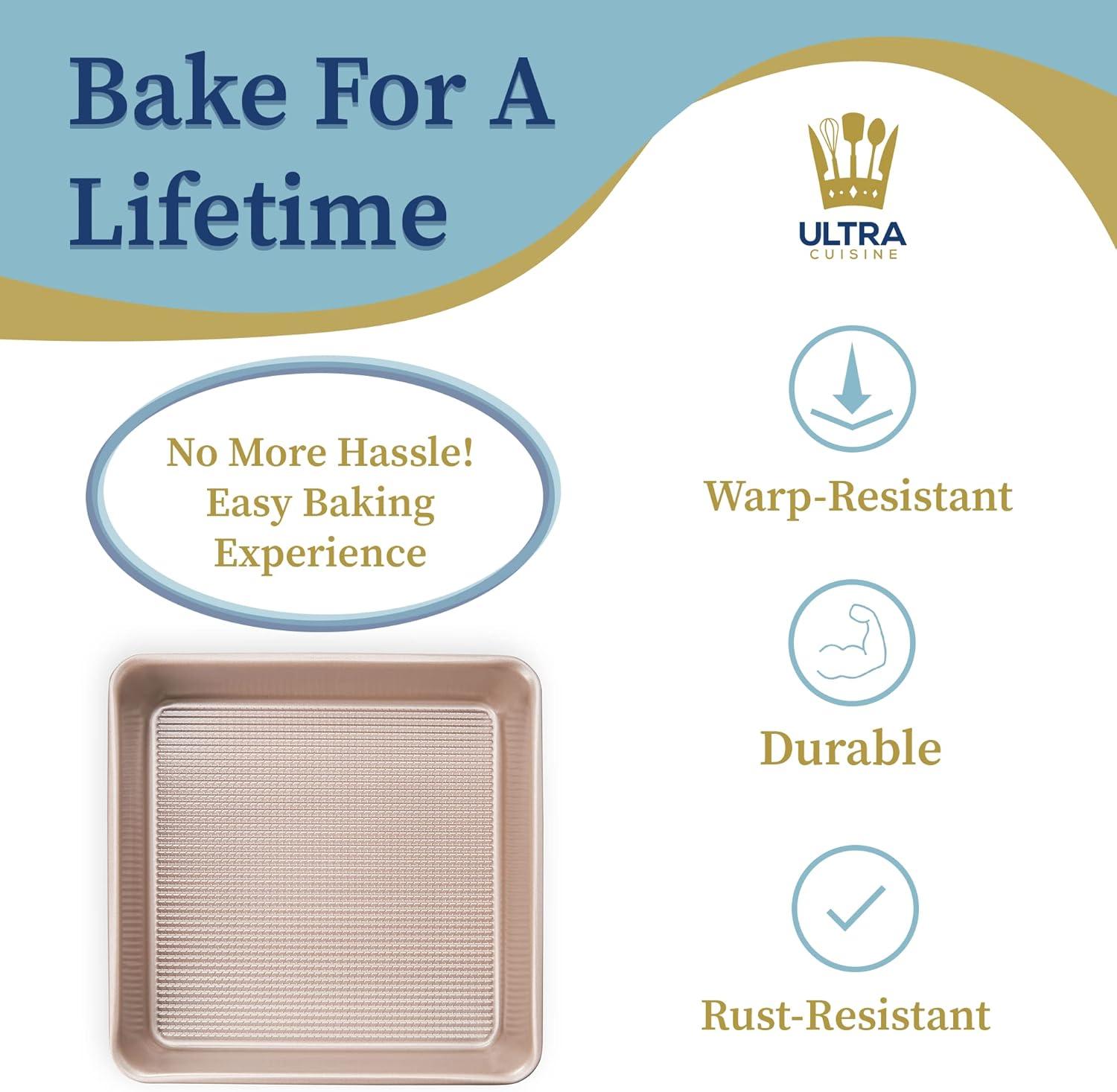 Ultra Cuisine Nonstick Square Cake Pan, Even Baking and Roasting, Easy to Clean, Durable Quality, Warp & Scratch Resistant Texture for Easy Release, Food-Safe, Size 8 x 8 inch(Champagne)